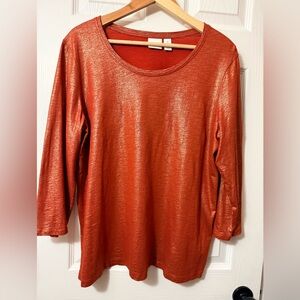 Zenergy by Chico’s Orange Gold  Metallic textured 3/4 sleeve Top Size XL
